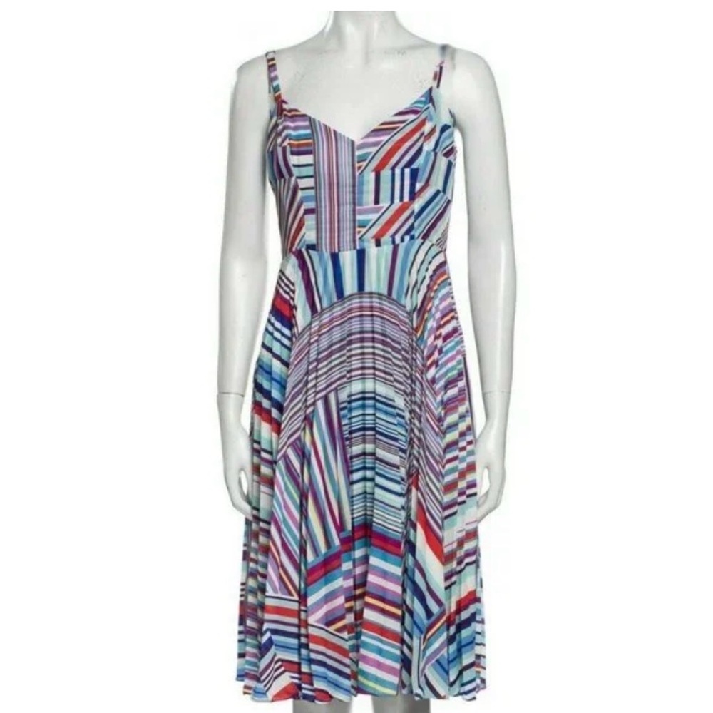 Parker Blue Multi Color V Neck Pleated Detail Knee Length Designer Dress Size 2 - Picture 6 of 8
